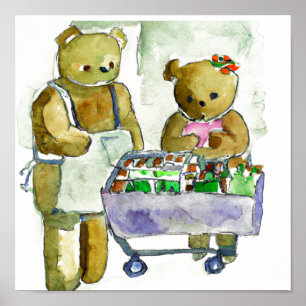 Two Teddy Bears Shopping Art "Digital Download" Poster