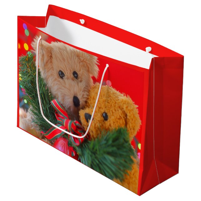 Two teddy bears with greenery and bow large gift bag (Front Angled)