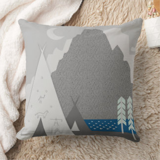 Two Teepees Three Pine Trees Mountain Moon Throw Pillow
