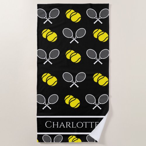 Two Tennis Balls and White Rackets Pattern Black H Beach Towel