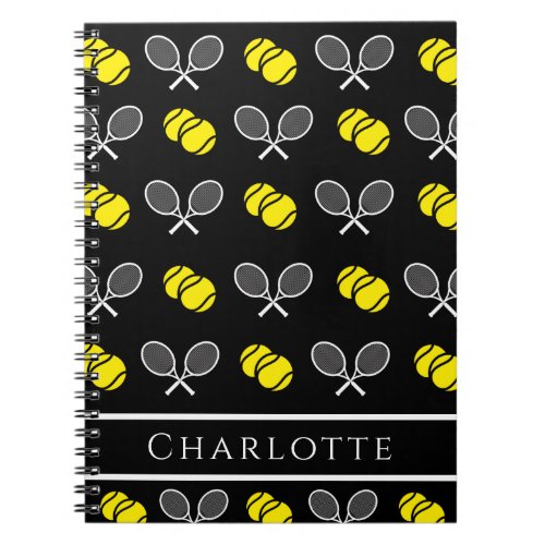Two Tennis Balls and White Rackets Pattern Black H Notebook