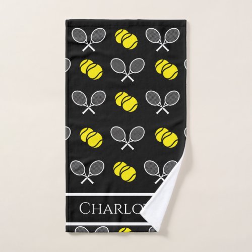 Two Tennis Balls and White Rackets Pattern Black Hand Towel