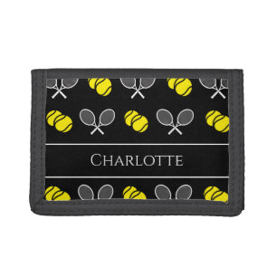 Two Tennis Balls and White Rackets Pattern Black  Trifold Wallet