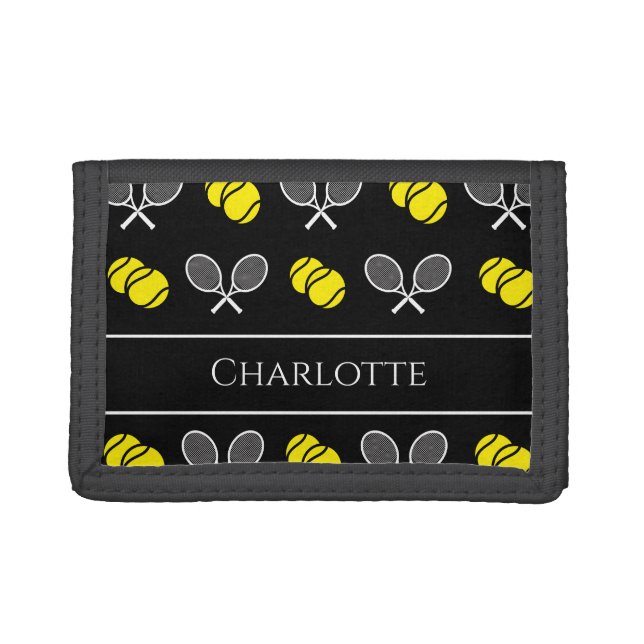 Two Tennis Balls and White Rackets Pattern Black  Trifold Wallet (Front)