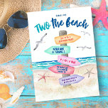 Two The Beach Kids 2nd Birthday Party Invitation<br><div class="desc">Celebrate turning two in sunny style with this playful seaside-themed birthday invitation! Featuring a beach signpost and a "Take me TWO the Beach" caption surrounded by turquoise ocean waves, sea birds, starfish, and shells, this invite sets the tone for a fun summer celebration. Best of all, the signpost destinations are...</div>