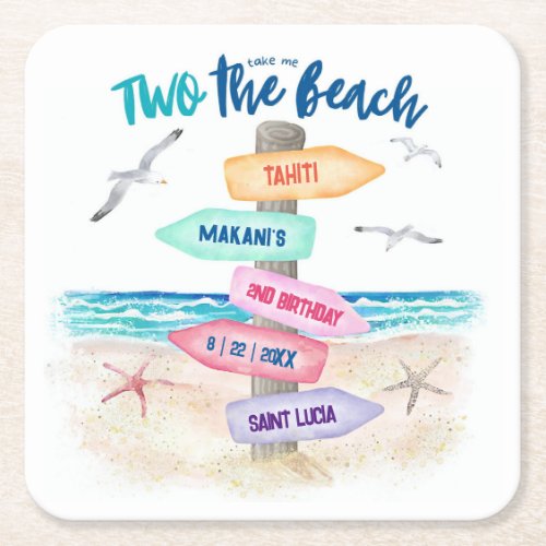Two The Beach  Kids 2nd Birthday Square Paper Coaster