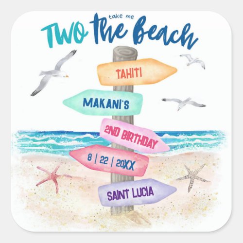 Two The Beach  Kids 2nd Birthday Square Sticker