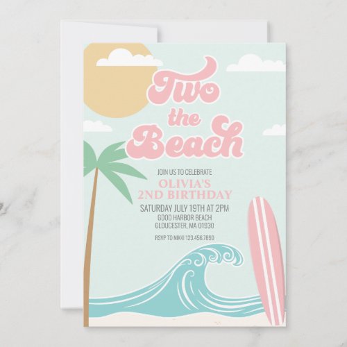 Two the Beach PINK Surf Beach 2nd Birthday Invitation