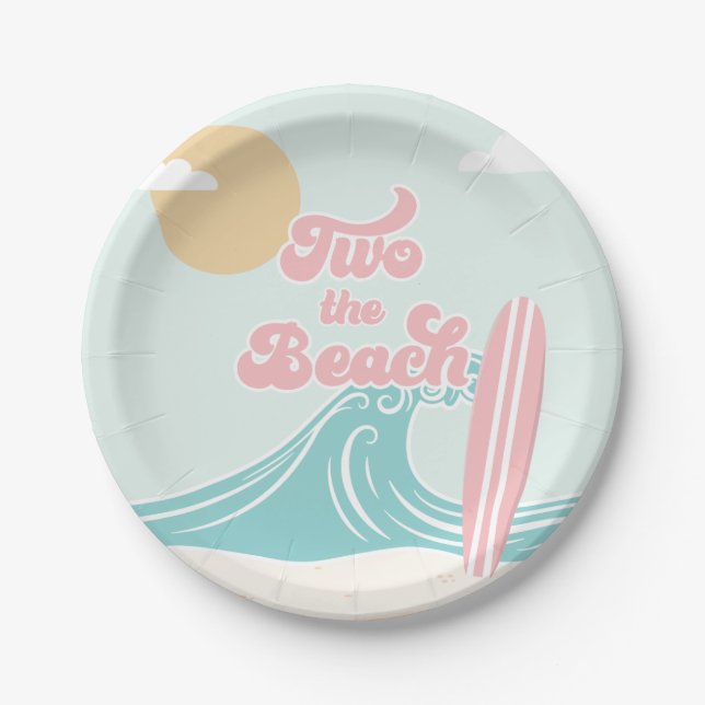Two the Beach Pink Surf Beach Birthday Paper Plates (Front)
