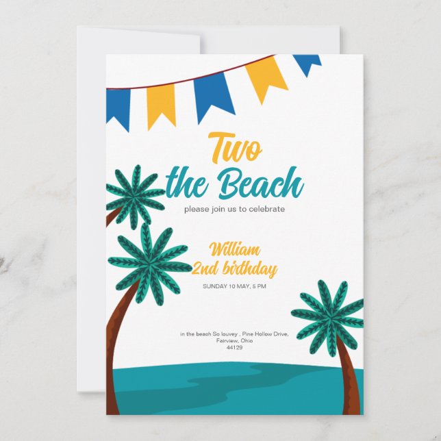 Two the Beach summer cute 2nd birthday invitation (Front)