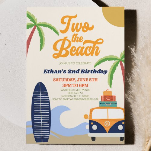 Two The Beach Surf Blue Retro 2nd Birthday Party Invitation