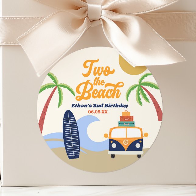 Two The Beach Surf Board 2nd Birthday Party Classic Round Sticker (Creator Uploaded)