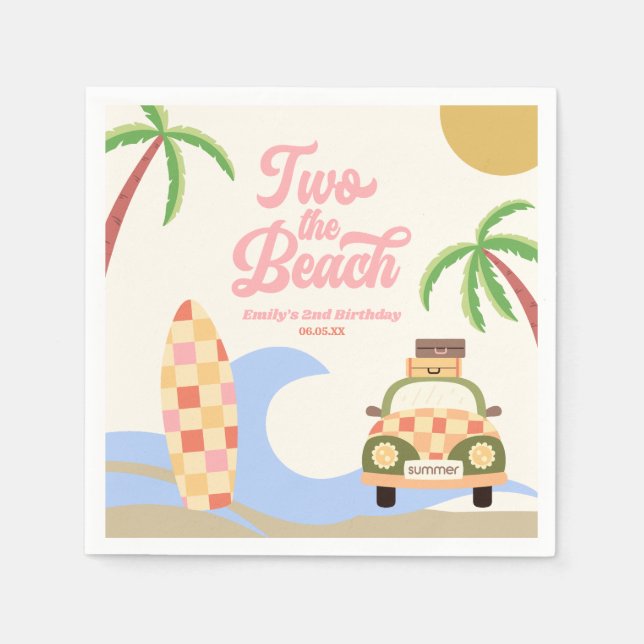 Two The Beach Surf Pink 2nd Birthday Party Napkins (Front)