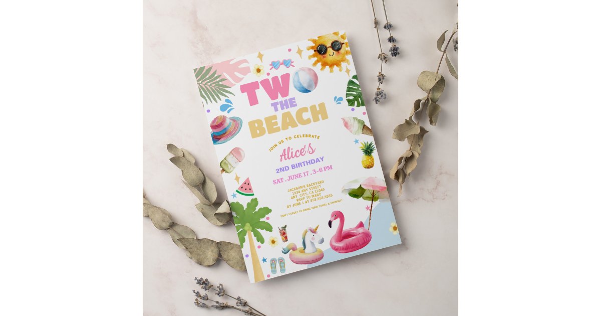 Two the Beach Tropical Summer 2nd Birthday Party Invitation | Zazzle