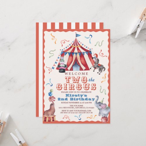Two the Circus Carnival Tent Animals 2nd Birthday Invitation