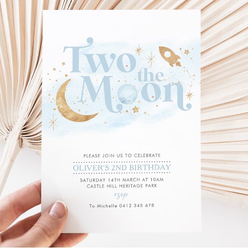 Two The Moon 2nd Birthday Boy Blue Gold Invitation