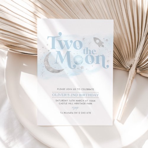Two The Moon 2nd Birthday Boy Blue Silver Space Invitation