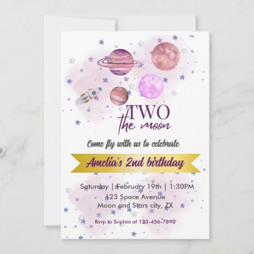 Two The Moon 2nd Birthday Girl Moon Stars Rocket  Invitation