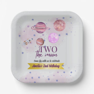 Two The Moon 2nd Birthday Girl Moon Stars Rocket  Paper Plates