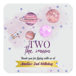 Two The Moon 2nd Birthday Girl Moon Stars Rocket  Square Sticker
