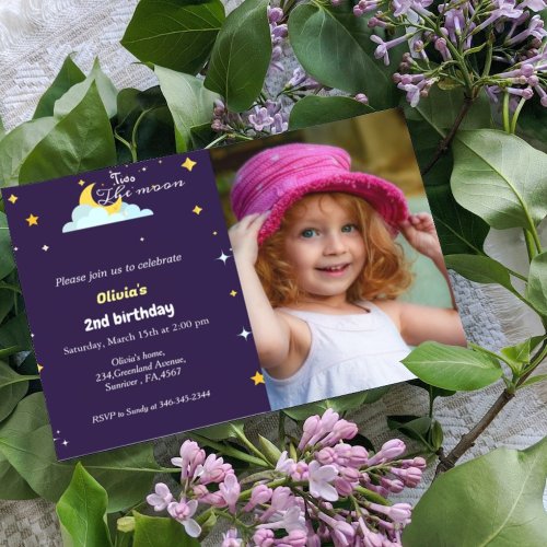 Two the moon 2nd birthday  girl party invitation