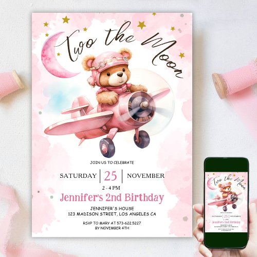 TWO the Moon  2nd Birthday Girl Pink  Invitation