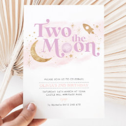 Two The Moon 2nd Birthday Girl Purple Gold Invitation
