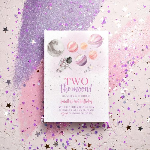 Two The Moon 2nd Birthday Girl Space Silver  Invitation