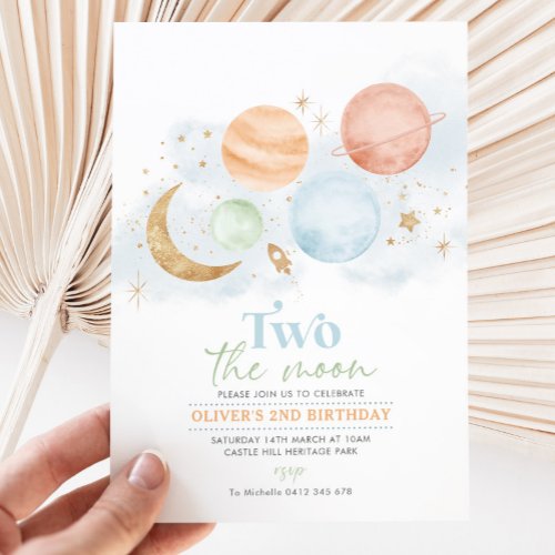 Two The Moon 2nd Birthday Invitation Boy Gold