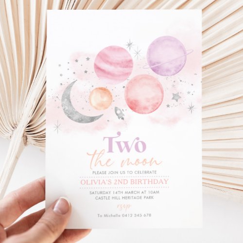 Two The Moon 2nd Birthday Invitation Girl Silver