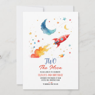 Two the Moon 2nd Birthday Invitation Rocket & Star
