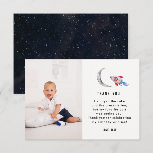 Two The Moon 2nd Birthday Party Photo Thank You Card (Front/Back)