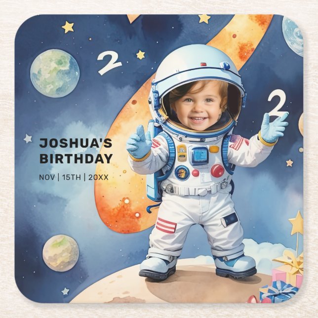 Two the Moon 2nd Birthday Party Square Paper Coaster (Front)