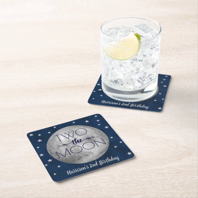 Two The Moon 2nd Birthday Party Square Paper Coaster (Insitu)