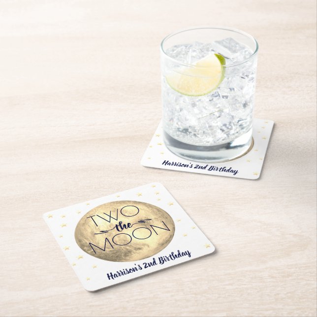 Two The Moon 2nd Birthday Party Square Paper Coaster (Insitu)