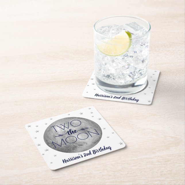 Two The Moon 2nd Birthday Party Square Paper Coaster (Insitu)