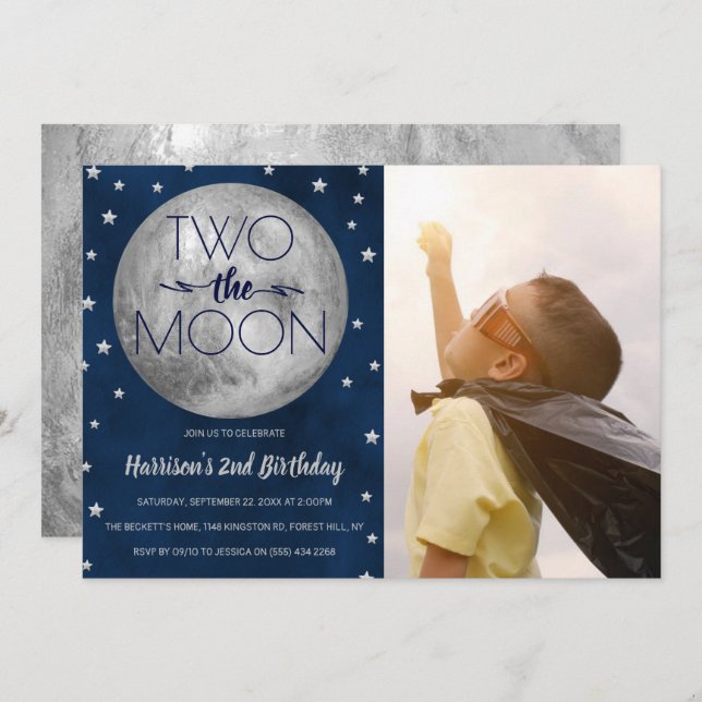 Two The Moon 2nd Birthday Photo Invitation (Front/Back)