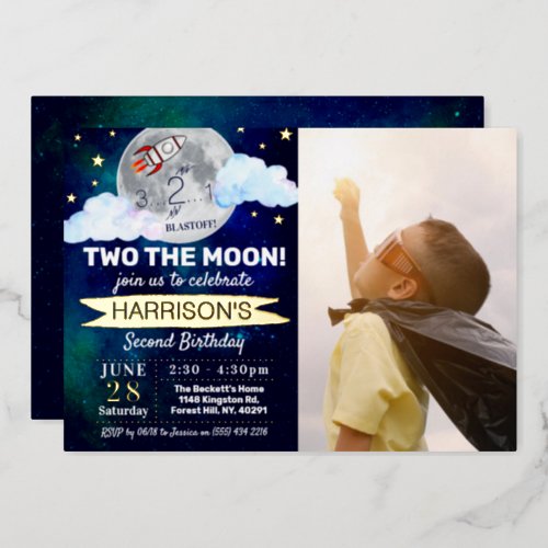 Two The Moon 2nd Birthday Photo Real Foil Invitation