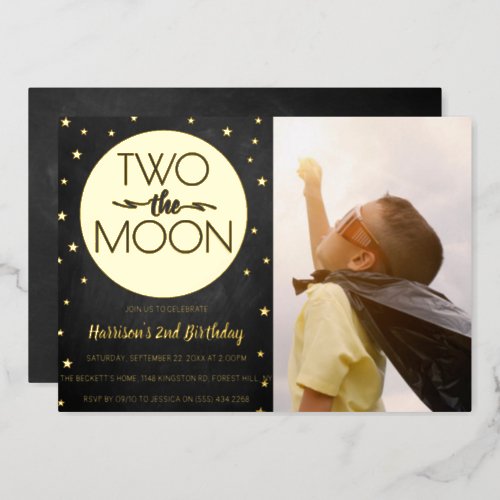 Two The Moon 2nd Birthday Photo Real Foil Invitation