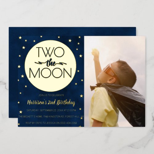Two The Moon 2nd Birthday Photo Real Foil Invitation