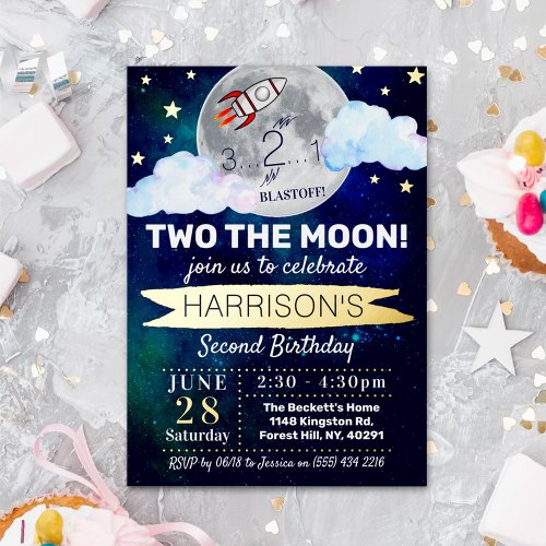Two The Moon 2nd Birthday Real Foil Invitation