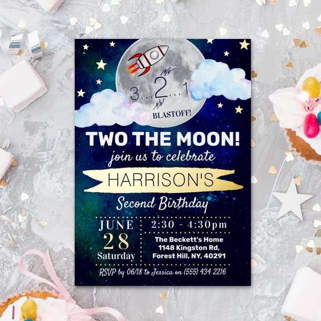 Two The Moon 2nd Birthday Real Foil Invitation (Creator Uploaded)
