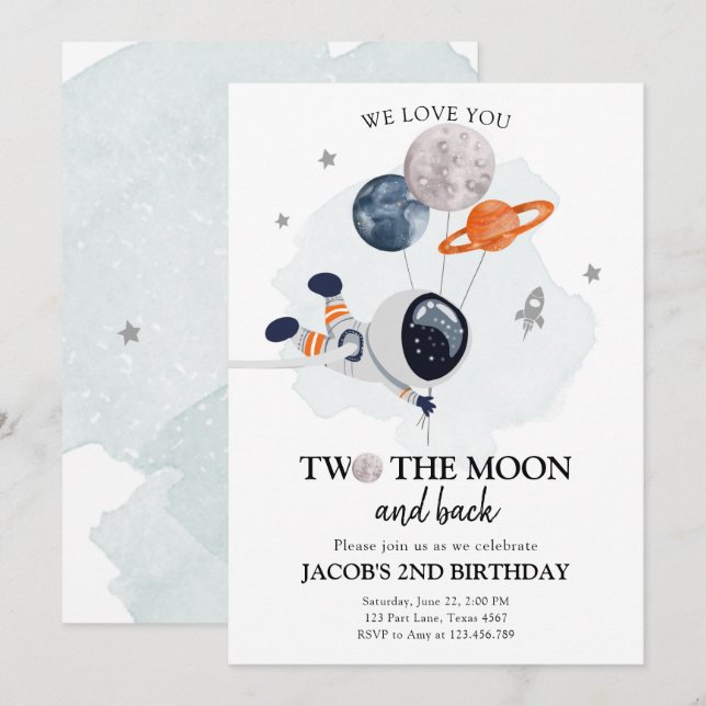 Two The Moon Astronaut Space Boy 2nd Birthday Invi Invitation (Front/Back)
