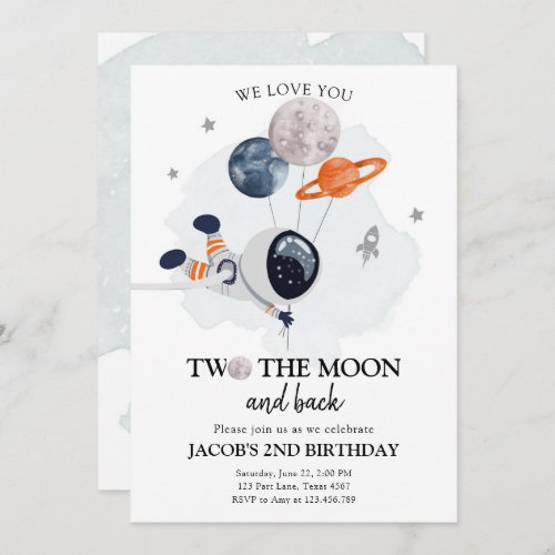 Two The Moon Astronaut Space Boy 2nd Birthday Invi Invitation