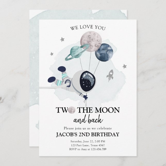 Two The Moon Astronaut Space Boy 2nd Birthday Invitation (Front/Back)