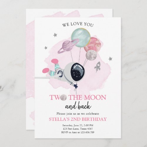 Two The Moon Astronaut Space Girl 2nd Birthday Invitation