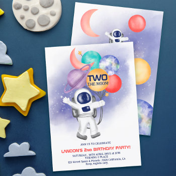 Two The Moon Astronaut Space Planets 2nd Birthday Invitation by girly_trend at Zazzle