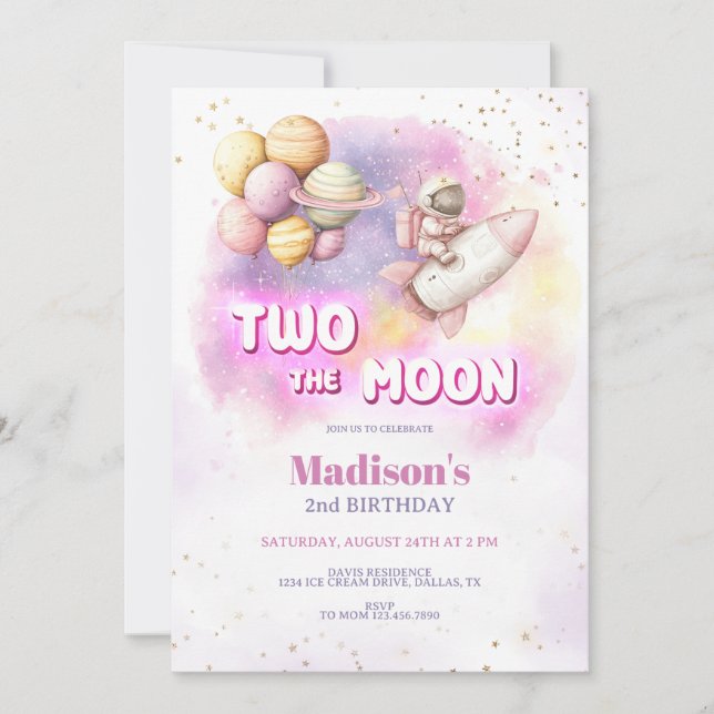 Two the Moon Birthday Girl, Pastel Outerspace Invitation (Front)