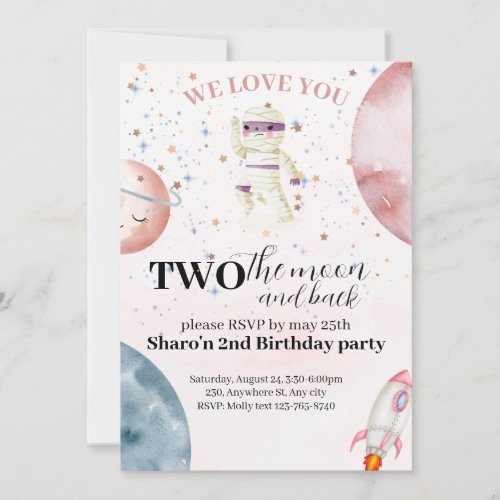 Two the Moon Birthday Invite Girl outerspace space