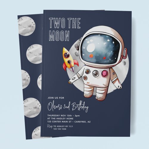 Two The Moon Blue 2nd Birthday Invitation